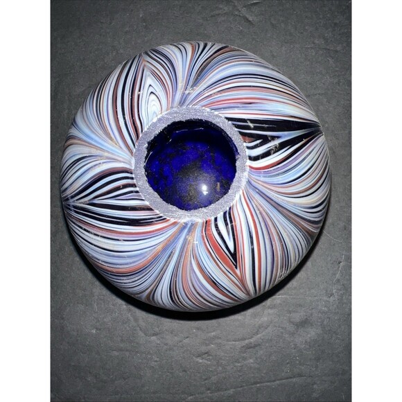 Art Glass Globe Vase with Purple Blue Brown Swirls Sphere Vintage - Picture 9 of 15